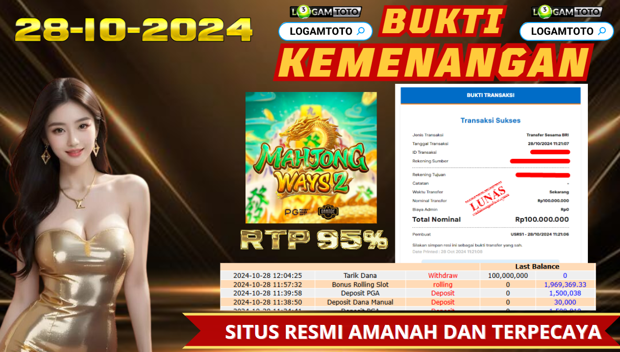 SELAMAT KEPADA MEMBER SETIA LOGAMTOTO BERHASIL JACKPOT DI PERMAINAN SLOT MAHJONG WAYS 2